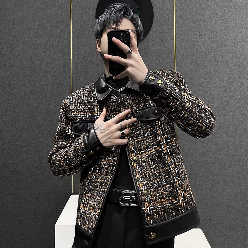 Chanel-Style Tweed Woven Patchwork Leather Short Jacket for Men, Korean Style, Casual Loose Fit, Cool and Trendy Brand