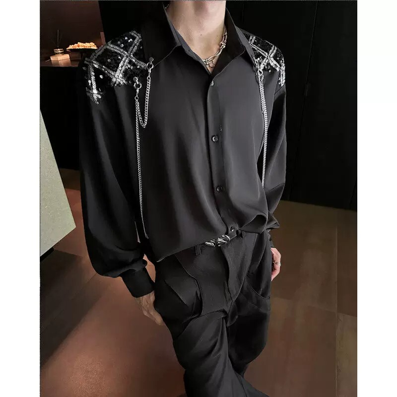 Abstinence-Style Black Shirt for Men, Long-Sleeved, Stylish Design with Sequins and Metal Chains, Cool and Stylish Top, High-End Men's Jacket