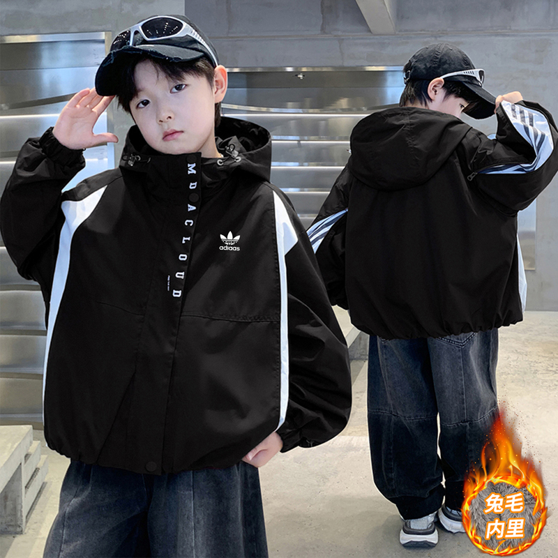 Official Website Outlet Spring and Autumn Boys' Jacket 2026 New Casual Hooded Zip-Up Jacket for Older Children with Fleece Lining