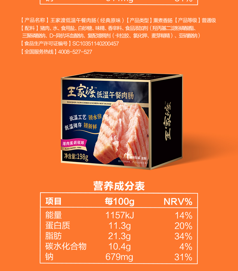 眉州旗下 王家渡 即食午餐肉 198g*4盒 三肥七瘦 图18