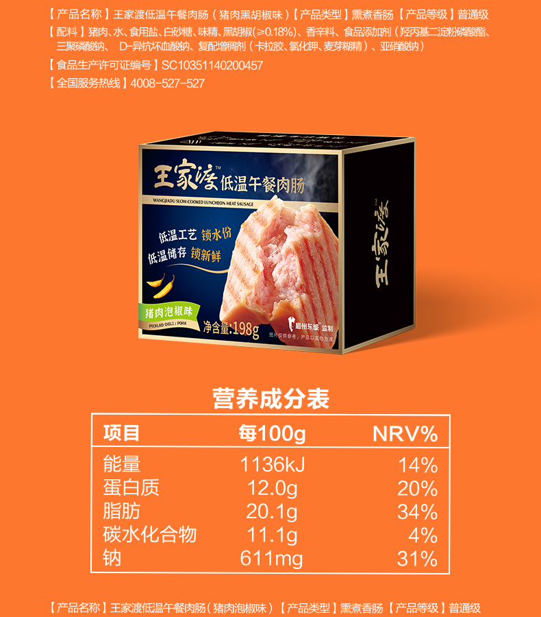 眉州旗下 王家渡 即食午餐肉 198g*4盒 三肥七瘦 图19