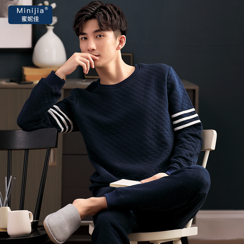 Pyjamas Men's autumn Winter Thickened Pure Cotton Mezzanine Air Cotton Home Clothing Youth Warm Spring Autumn Season Big Size Suit