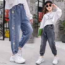 Girls  jeans spring and autumn childrens long pants ten-year-old girl 6 foreign style 7 outer wear 8 wild 9 loose middle and large children