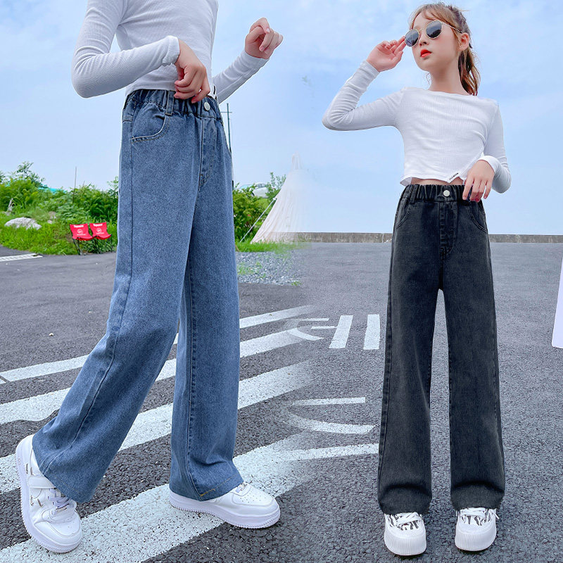 Girl Wide Leg Pants Spring Foreign Pie Girl Loose Casual Spring Autumn Long Pants Outside Wearing Children Pants Straight Drum Jeans