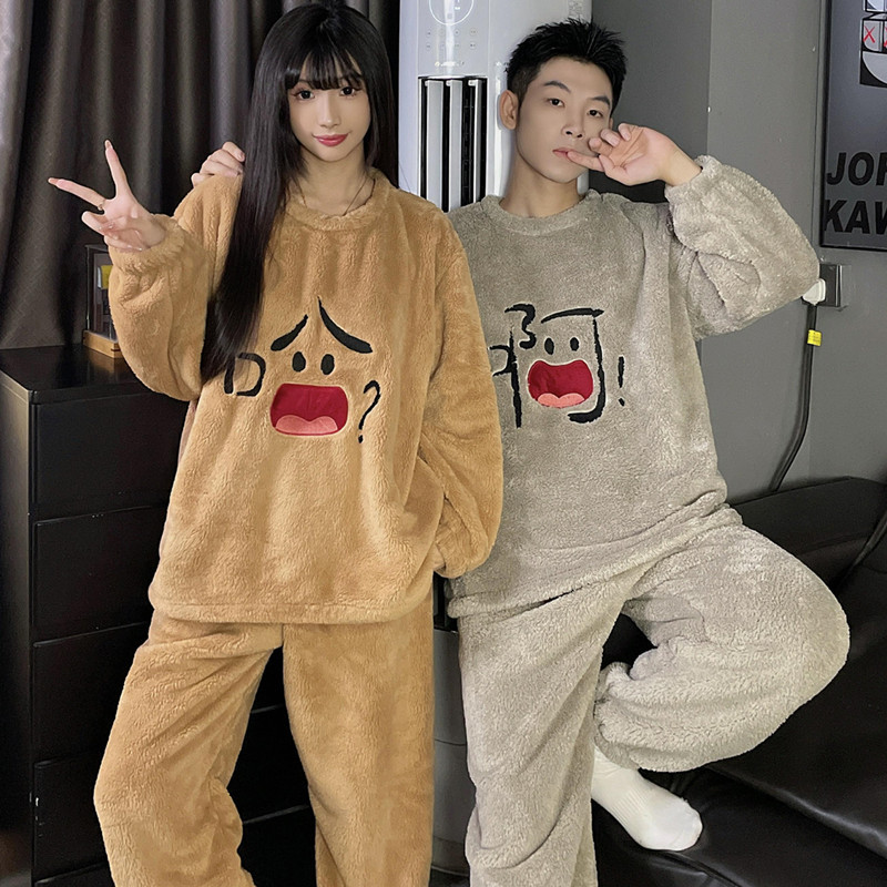 2025 New Couple Pajamas Winter Coral Fleece One for Men and One for Women Winter Fleece-Lined Thickened Cartoon Home Wear Set