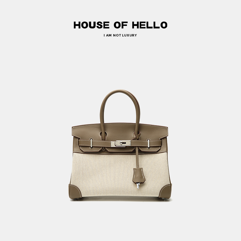 Houseofhello High-End Vintage Platinum Bag, Versatile Casual Canvas and Saddle Leather Handbag for Women