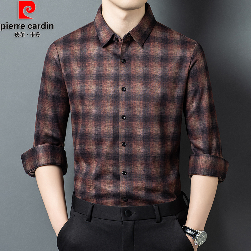 Pierre Cardin Men's Wool Plaid Long-Sleeve Shirt 2026 Spring and Autumn Thin Business Casual Non-Iron Printed Shirt Pierre Cardin Men's Wool Plaid Long-Sleeve Shirt 2026 Spring and Autumn Thin Business Casual Non-Iron Printed Shirt