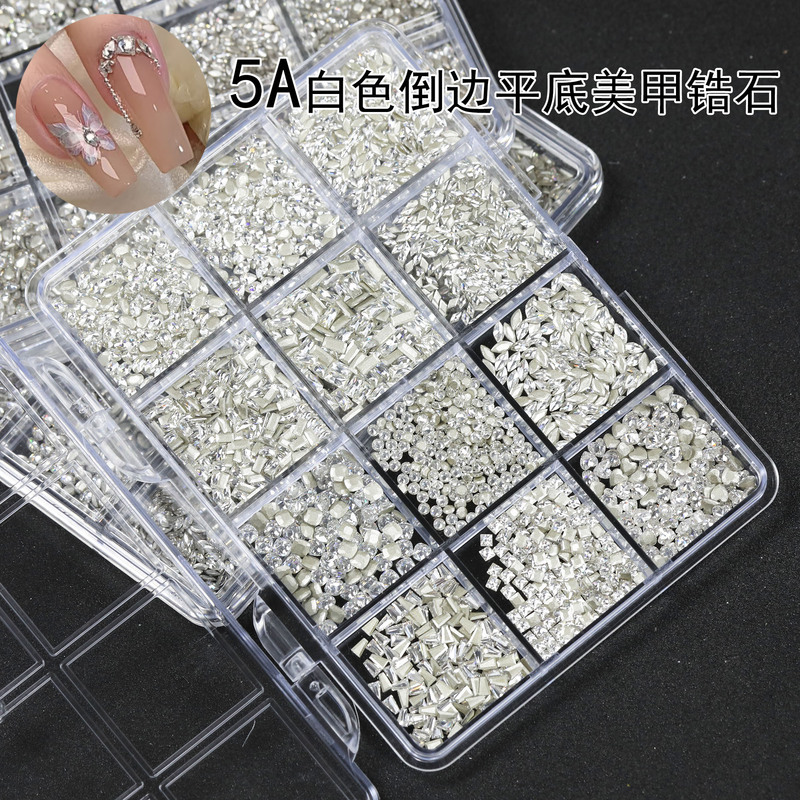 【Approximately 1900 Pieces】5A White High-Quality Flat-Bottom Zircon Nail Rhinestones, Internet-Famous Style, Dazzling Nail Art Decorations