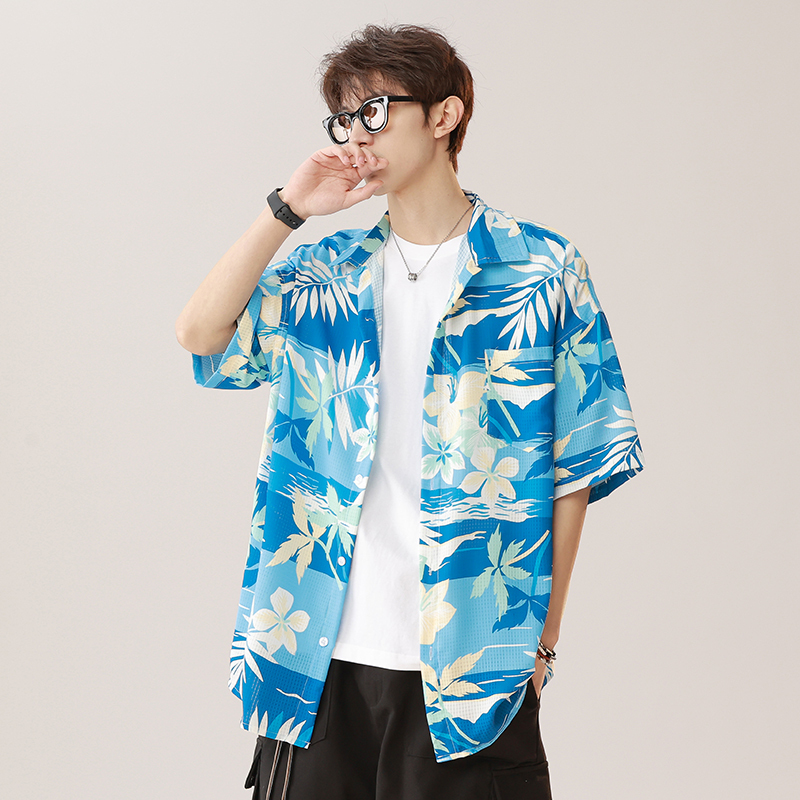Hawaiian Men's Collared Coconut Tree Print Short-Sleeve Beach Shirt, Suitable for Seaside Vacations, Hainan Island Ice Silk Floral Shirt