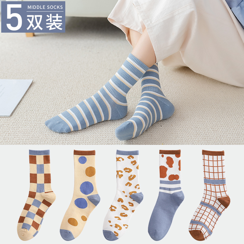 5 Pairs - Khaki Grid + Khaki Grid + White Spot + Blue Stripe Wave + White Small GridSocks female Middle tube socks Pure cotton socks Spring and Autumn ins tide Thin lovely solar system ma'am Spring and summer long and tube-shaped Stockings