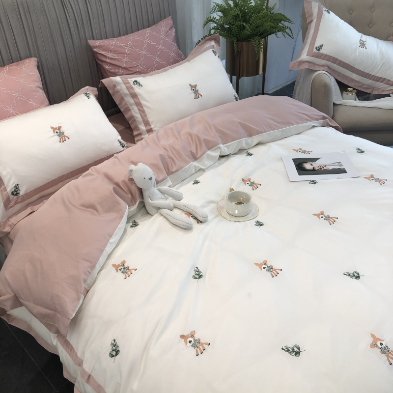 Cartoon cute 60 long suede cotton full cotton four pieces Embroidery Little Deer Pure Cotton Collared AB Face Bedding bedding-Taobao