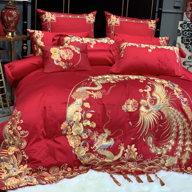 Wedding Dragon Phoenix Embroidery full cotton Four sets 100 Twin Strands Jacquard Pure Cotton Red Wedding Happy Quilt 1 8 Double Bed Products-Taobao