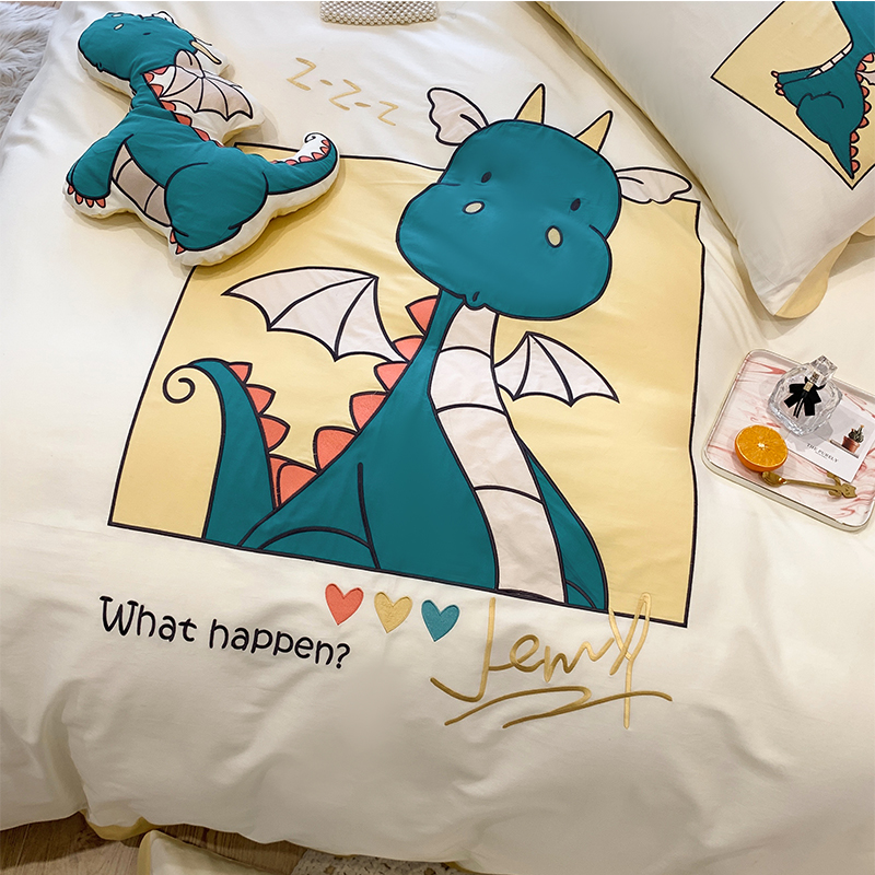 Card ventilation 60 long suede cotton gon satin cute embroidery with four sets of appliqued cloth embroidered dinosaur embroidered with a parent-child bed supplies-Taobao