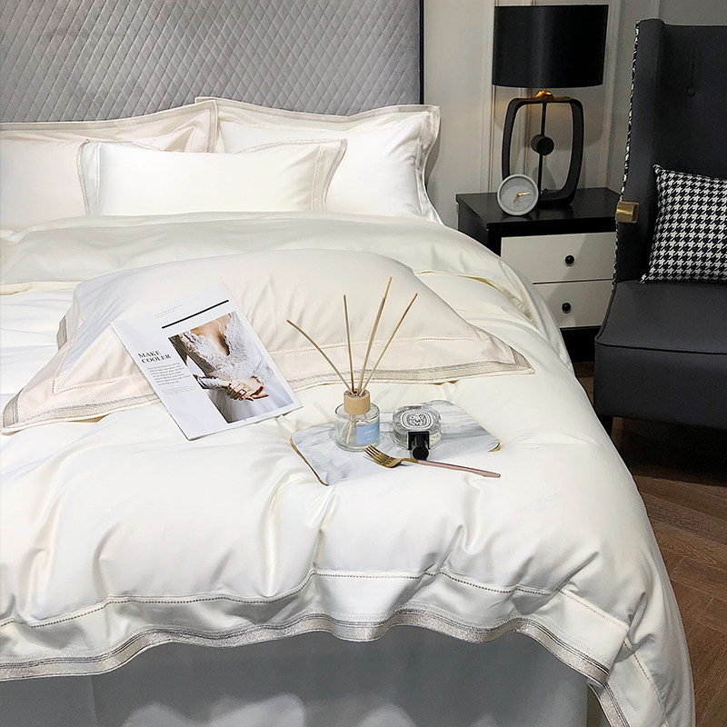 Light luxury 120S long-staple cotton white simple embroidery four-piece model room solid color pure cotton cotton bedding