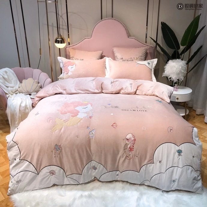 Cute Milk Suede Four Sets Of Human Fish Princess Embroideries Winter Thickened Double-sided Suede Pink Coral Suede Bedding