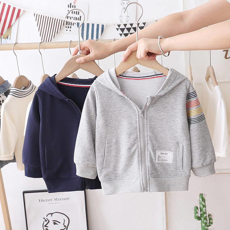 Boys Sweater 2021 Autumn Children's Spring Boys Spring and Autumn Hooded Cardigan Grey Tide Western Style Striped Zipper