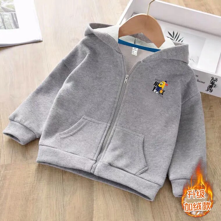 Boys Sweater 2021 Autumn Children's Spring Boys Spring and Autumn Hooded Cardigan Plus Velvet Cotton Tide Western Grey