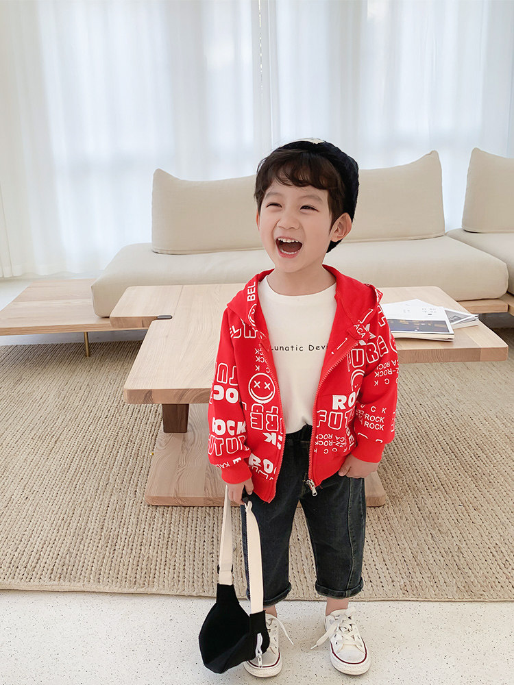 Boys Sweater 2021 Autumn Children's Spring Boys Spring and Autumn Hooded Cardigan Long Sleeve Letter Print Autumn Red