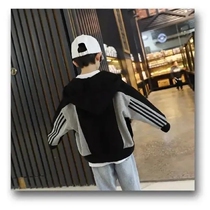 Boys sweatshirt 2021 autumn Childrens Spring Festival Boy Spring and Autumn Lianhood Hooded Sweatshirt Korean version Loose Striped Black Collage