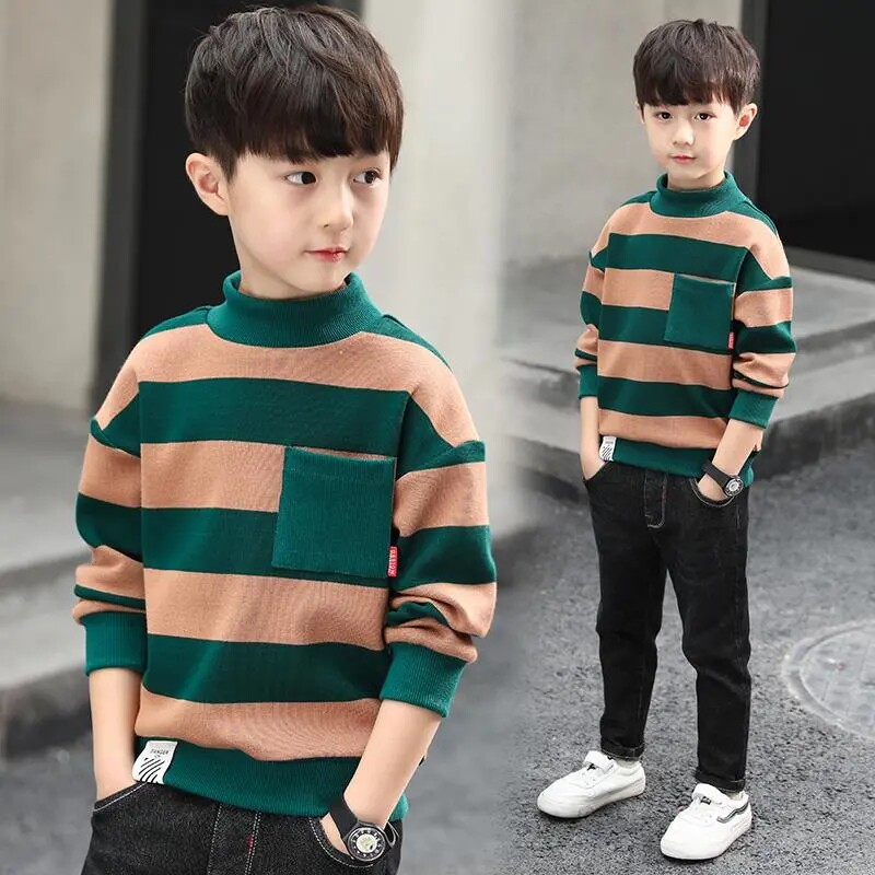 Boys Sweater 2021 Autumn Children's Spring Boys Spring and Autumn Fashion Middle and Big Children Plus Velvet Thick Striped Tide Green