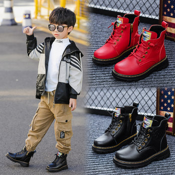 Children's Boots, Boys' Red Shoes, Cotton Boots, Girls' Genuine Leather Short Boots, Winter Velvet Cotton Shoes, Low-Top Animal Year