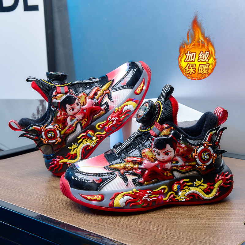 Nezha Children's Sports Shoes for Boys, Light-Up Winter Shoes, Nezha Girls' Shoes, Autumn Leather Waterproof Fleece-Lined Cotton Shoes