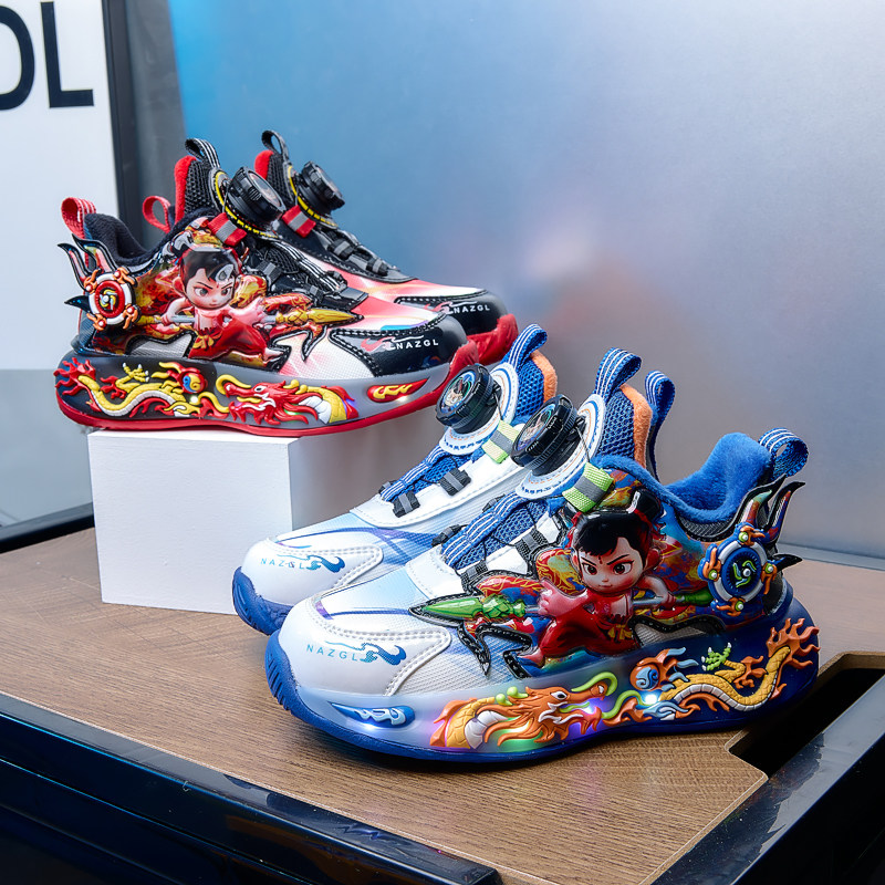 Nezha Children's Sports Shoes for Boys, Light-Up Winter Shoes, Nezha Girls' Shoes, Autumn Leather Waterproof Fleece-Lined Cotton Shoes