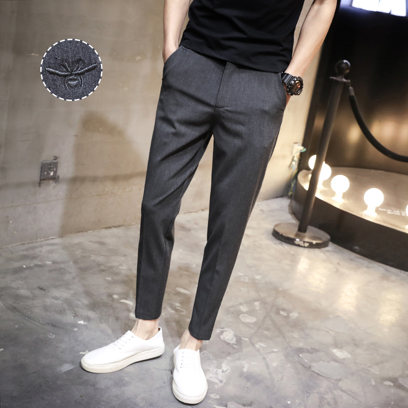 S F Marceau~ small bee embroidery autumn and winter men's casual pants slim small feet black suit pants long pants
