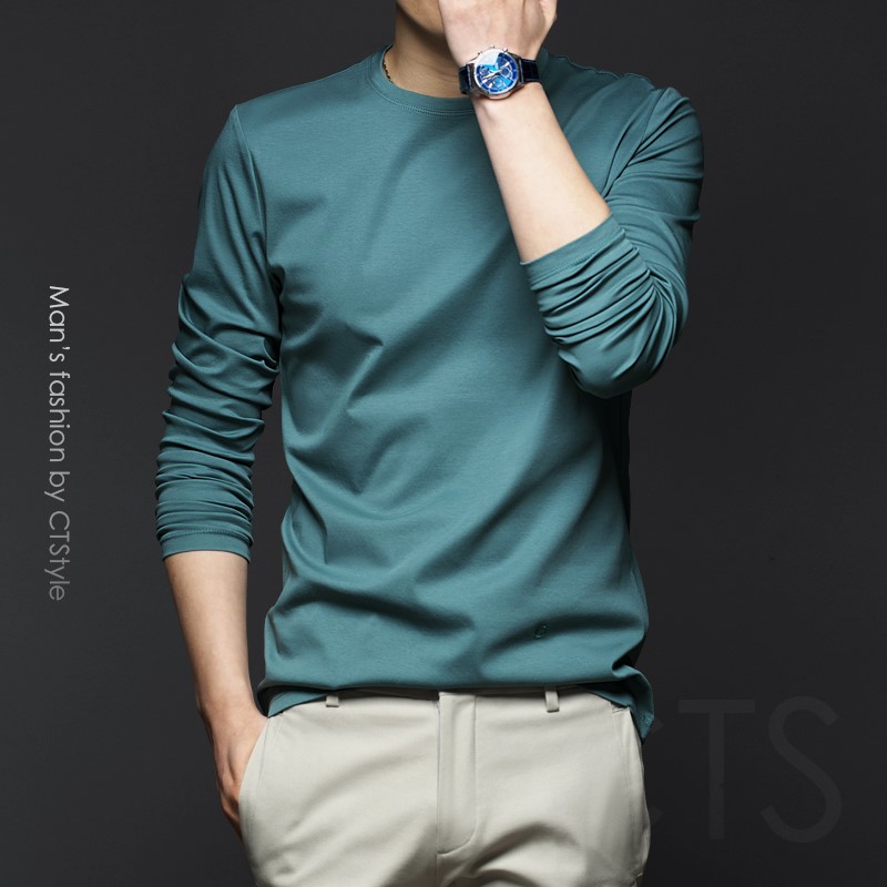 Silk light cotton long sleeve T-shirt male round collar pure color workout for undershirt business casual trend men's autumn clothes