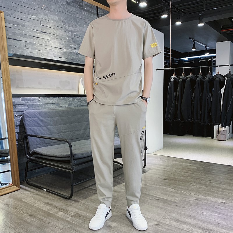 Summer Sports Clothing Suit Men's Loose Trend Ice Silk Men Short Sleeve T-Shirt Handsome and Casual Two-piece Style