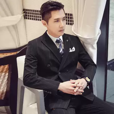 Double-breasted suit suit suit men Korean slim striped suit professional business formal gentleman dress three-piece set