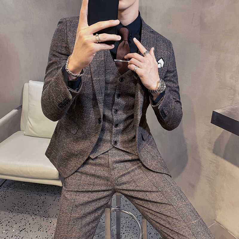 Retro plaid suit men's suit Korean version trend slim men's casual suit groom wedding dress three-piece suit