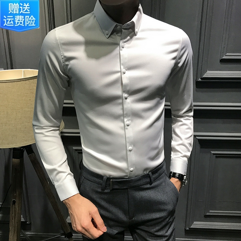 Spring and autumn white shirt male long sleeve Korean version trend to take up business casual blouse senior feel free of hot men's lining-Taobao