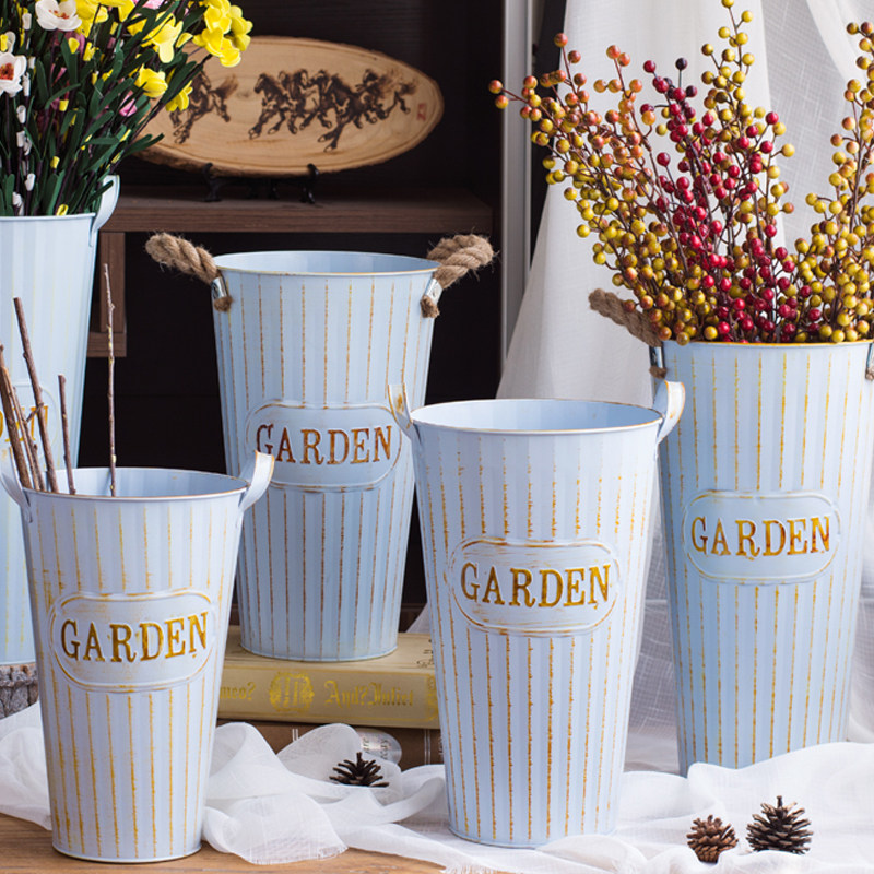 Florist vintage antique made old vertical pattern tin decoration flower bucket flower utensils flowers dried flower tube iron iron American country