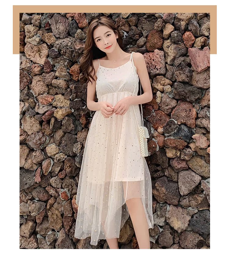 VK旗艦店 韓系網紗復古亮片星星吊帶無袖洋裝