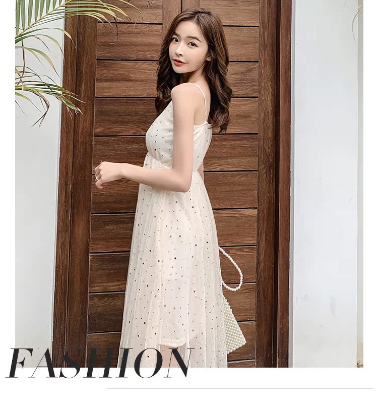 VK旗艦店 韓系網紗復古亮片星星吊帶無袖洋裝