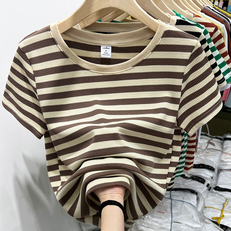 Summer New Waffle Knit Short-Sleeve T-Shirt for Women, Slimming and Age-Reducing, Regular Shoulder Striped Half-Sleeve Top for Layering