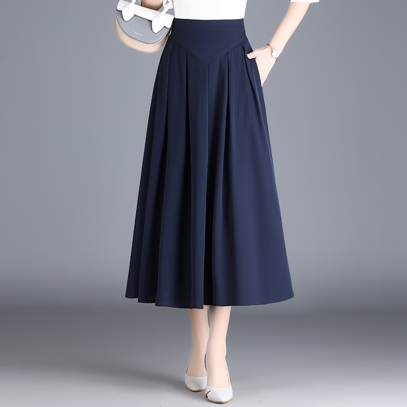 Slimming Hip-Covering Mid-Length Skirt, High-Waisted A-Line Pleated Skirt, Umbrella Skirt for Women, Summer 2025 New Style, Navy Blue Half Skirt