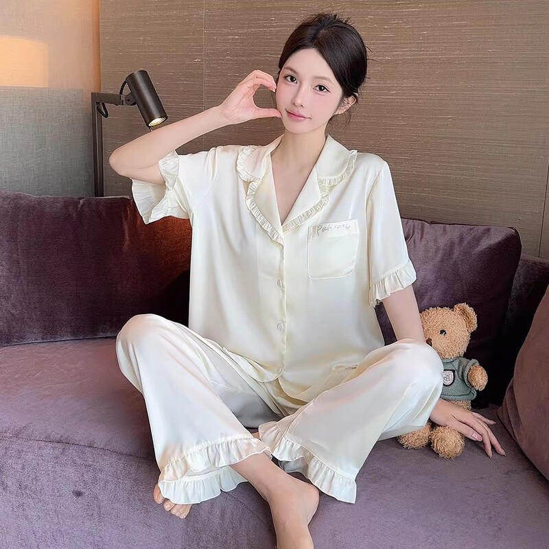 Cardiac Ice Silk Pajamas Summer Air-Conditioned Room Short-Sleeved Long Pants Pajamas for Women High-End French Style Can Be Worn Outside Home Clothes
