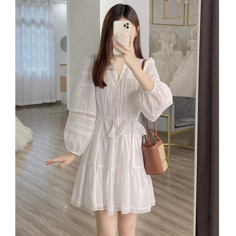 Summer White Women's Long-Sleeved Belted Dress 2025 New Summer High-End Short Dress for Petite Women Travel