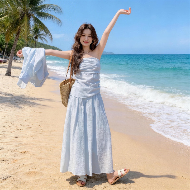 Cool and Stylish Blue Shirt, Tube Top, and Skirt Set for Women, Summer Vacation Style, Elegant Three-Piece Set for Petite Figures