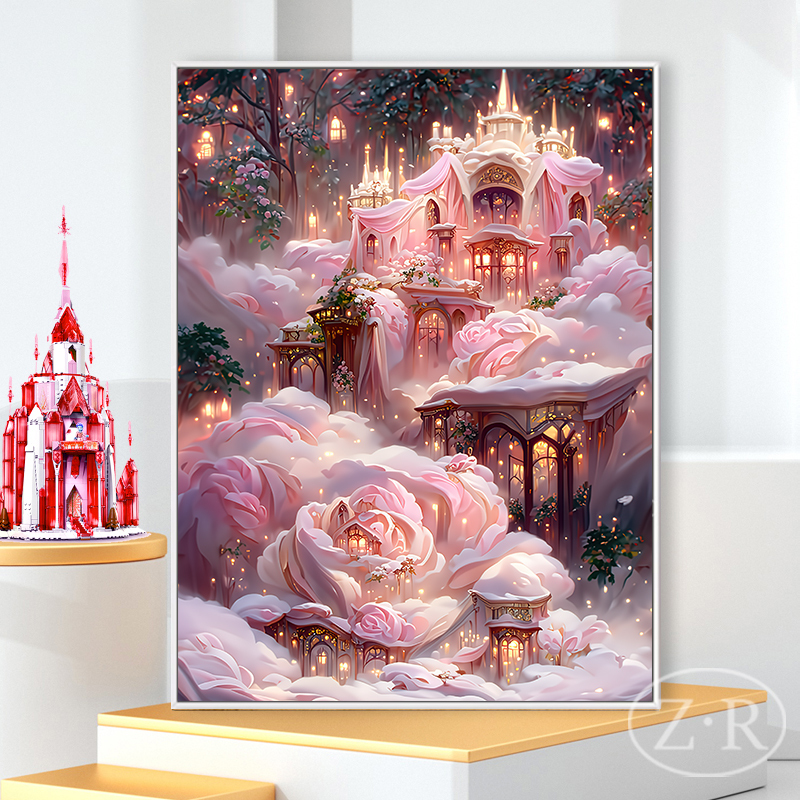 Zhuoer Healing Art Living Room Decorative Painting Pink Castle Cartoon Wall Art Children's Room Bedroom Living Room Wall Art