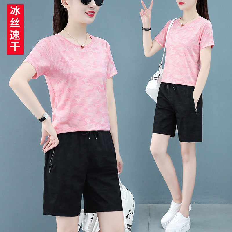 Quick-drying women's summer thin running sportswear large size middle-aged mother ice silk suit breathable shorts two-piece set