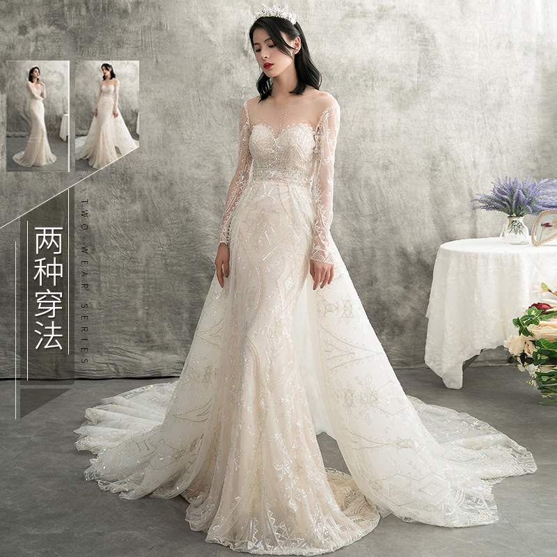 Main wedding dress 2021 new bride wedding dress fish tail two wear thin tail starry sky skirt small man