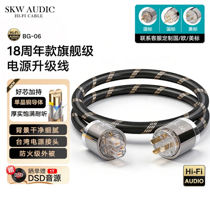 Skw 18Th Anniversary High-End Single Crystal Copper 6N Upgrade Power Cable with Filter, Us Standard and National Standard, Cd Decoder Tube Amplifier Cable