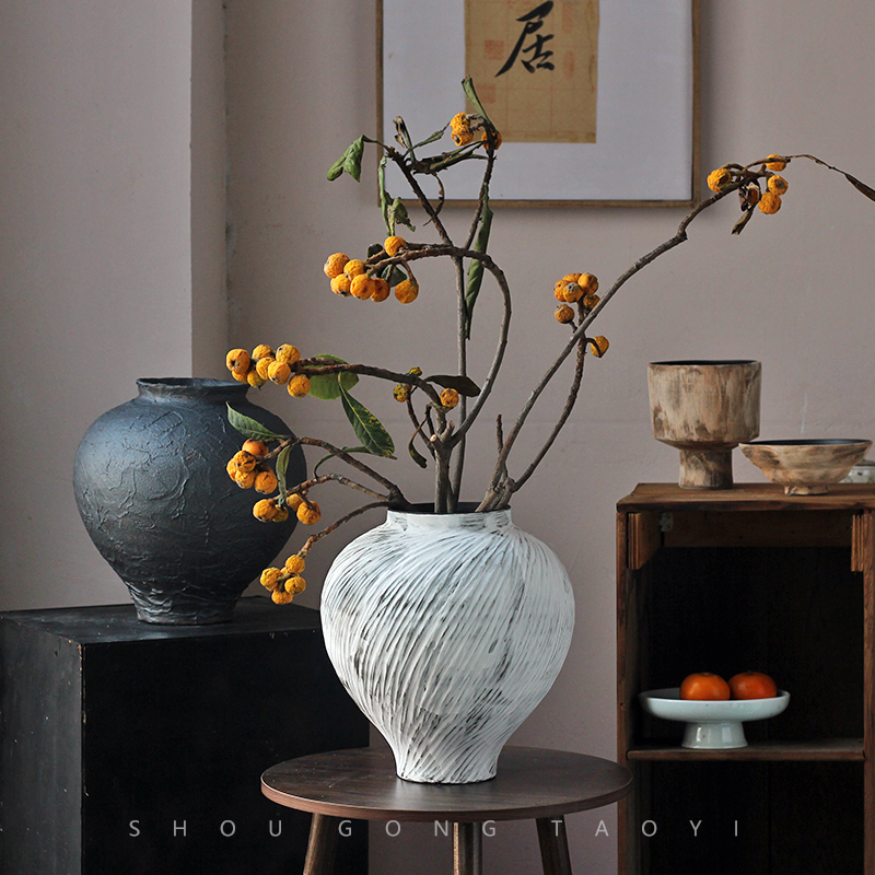 Jingdezhen Ceramic Vase Wabi-Sabi Style Retro Nostalgic White Black B&B Club Restaurant Tabletop Flower Arrangement Decoration