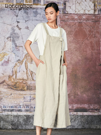 达衣岩文艺无袖调节宽肩带连身裤秋季新款方领高腰阔腿背带裤