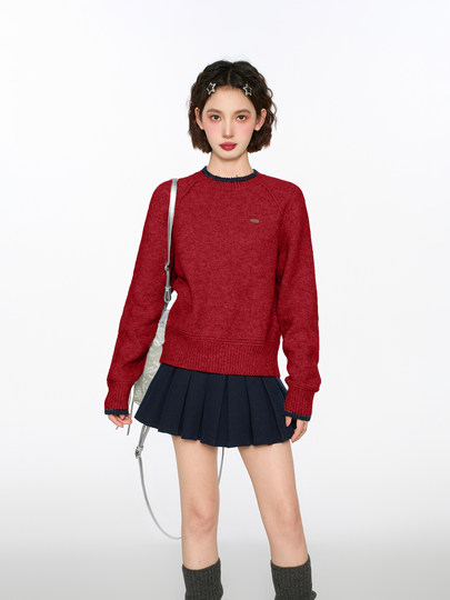 Red New Year's Round Neck Pullover Knitted Sweater Women's Autumn and Winter Thickened Small Tops 2025 New Style