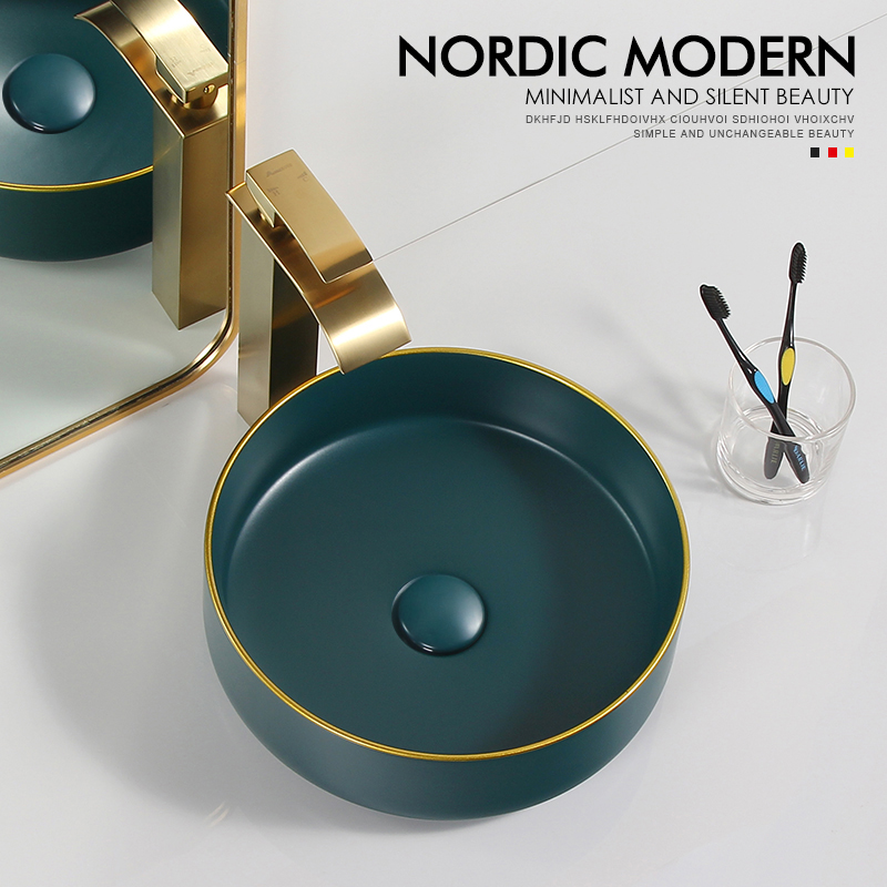 Simple dark green gold rim round sink top basin household wash basin small ceramic basin 30 35 40MM 