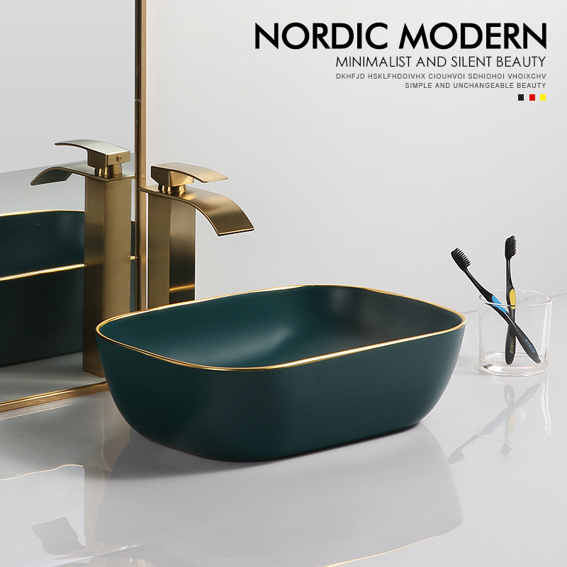 Nordic simple Phnom Penh matte green bench basin wash basin Home bathroom washbasin ceramic square washbasin pool